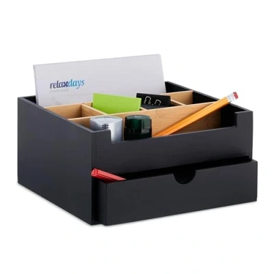 Afbeelding van Relaxdays bureau organizer bamboe 6 vakken pennenbak met lade make up