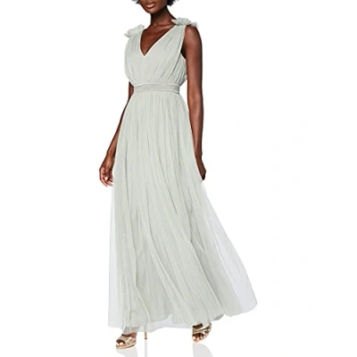 Afbeelding van Maya Deluxe Dames Maxi Jurk met Ruche V hals Mouwloze Hoge Rijk Taille Lang voor Prom Gast Bruiloft Bruidsmeisje, Sage Groen, 40