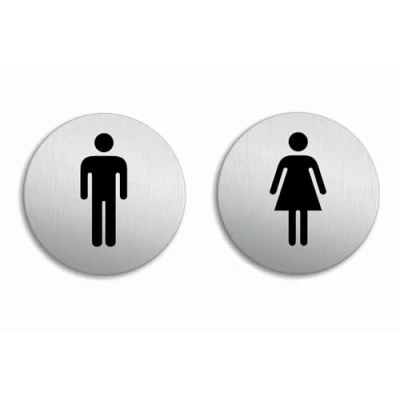 Afbeelding van Bordjes WC Dames en Heren set van 2 Ø 100 mm Toiletbord roestvrij stalen look zelfklevend No.53258 K