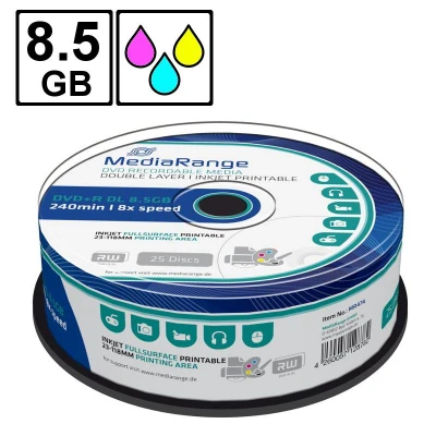 Afbeelding van DVD+R 8,5 GB MEDIARANGE printable FS 8x Double Layer Cakebox 25 stuks