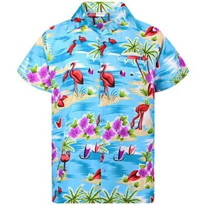 Afbeelding van Funky Hawaiiaans Overhemd, Hawaii Korte Mouw, Flamingos OLD, Turkoois, XL