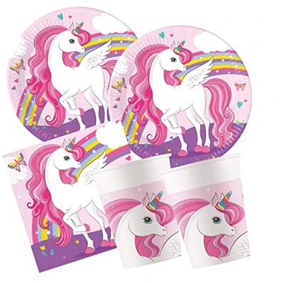 Afbeelding van Procos 10209570 Partyset S Unicorn Rainbow, 52 delige set, borden, 16 bekers, 20 servetten, wegwerpservies, partyservies, tafeldecoratie,multi kleuren