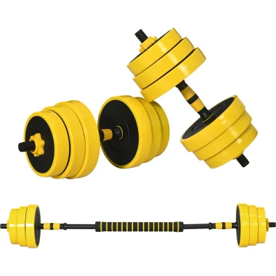 Afbeelding van HOMCOM 25 kg halter &amp; met lange stang verstelbare ergonomische 3 in 1 halterset geel A91 088V01