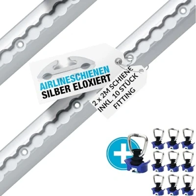 Afbeelding van NTG 2 x m aluminium airlinerail, sjorrail, ronde halfronde vorm, 1975 mm, voordeelset, met 10 kunststof fitting, ladingbeveiliging voor vrachtwagens en campers, geboorde zilver
