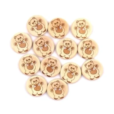 Afbeelding van 12 prachtige houten knopen 20 mm natuur rond met teddymotief 2 gaten om op te naaien handwerk scrapbooking voor kinderkleding jassen mutsen rompers
