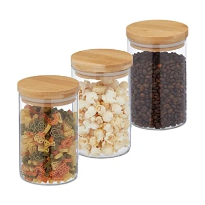Afbeelding van Relaxdays voorraadpotten met bamboedeksel, 3 stuks, ronde glazen bewaarpotten, 800 ml, luchtdicht, transparant/naturel