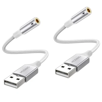 Afbeelding van MOSWAG USB naar 3,5 mm audio adapter (2 stuks), Aux kabel met 4 polige TRRS microfoon Hoofdtelefoonhouder Ingebouwde chip Externe geluidskaart voor pc PS4 PS5 en meer