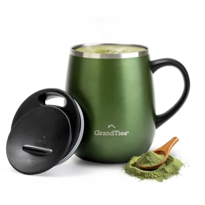 Afbeelding van GRANDTIES Geïsoleerde koffiemok met handvat schuifdeksel voor spatwaterdichte thermosbeker van 16 oz dubbelwandige vacuüm roestvrij staal houdt dranken warm en koud metallic groen