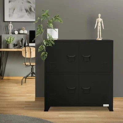 Afbeelding van ML Design archiefkast, 75x40x80,5 cm, zwart, staal, vrijstaande kantoorkast 4 poten, metalen locker deuren, 2 binnenvakken, industrieel, opbergkast stalen kast