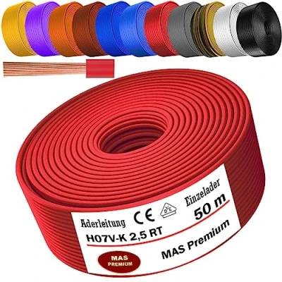 Afbeelding van Aderleiding H07 V K 2,5 mm² rood enkele ader flexibel van 5 tot 100 m (50 m)
