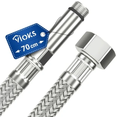 Afbeelding van VIOKS Pantserslang, 1/2 inch, flexibel, 70 cm, met inch wartelmoer en M10 buitendraad, drinkwaterslang roestvrijstalen omvlechting