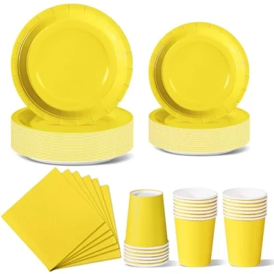 Afbeelding van Nkaiso Verjaardag Feestservies, 96 stuks, geel, feestborden, set papieren kopjes, servetten, voor barbecues, feesten, picknicks, 24 gasten