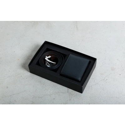 Afbeelding van Geschenkset portemonnee (Zwart) met Omkeerbare Leren riem (Zwart/Bruin) giftbox Leuk cadeau voor Vader Zoon of opa Echt luxe en Reversible belt (Black/Brown) with (Black Wallet)