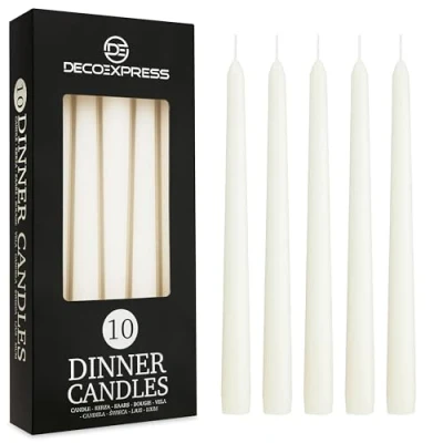Afbeelding van Deco Express Diner Kaarsen Pack van 6, 10, 15 of 50 Taps toelopende Niet Druppelen Langdurig 8 uur, Ongeparfumeerd (Wit 10 Pack)
