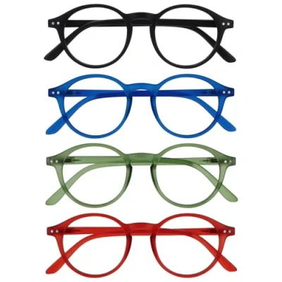 Afbeelding van OPULIZE REY Leesbril 4 Pack Retro Rond Montuur Matzwart, Blauw, Groen, Rood Heren Dames Veerscharnieren RRRR56 136Z +2.00