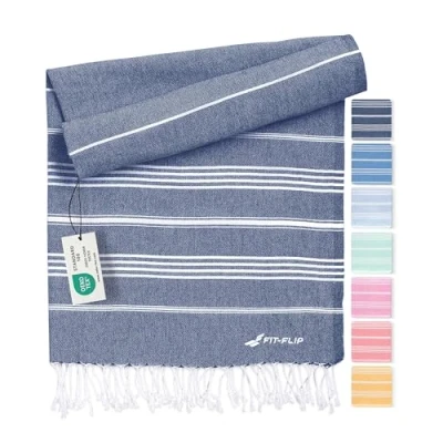 Afbeelding van Fit Flip Hamamdoek Strandhanddoek XXL van 100% gerecycled katoen sneldrogend strandlaken, fouta, pestemal Turkse handdoek ideaal als hamam saunahanddoek en sarong Marineblauw 100x200cm Sultan