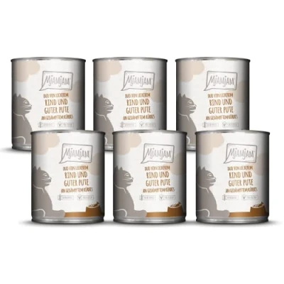 Afbeelding van MjAMjAM Premium natvoer voor katten DUO van heerlijk rundvlees &amp; goede kalkoen met gestoomde pompoen, pak 6 (6 x 800 g), graanvrij extra vlees