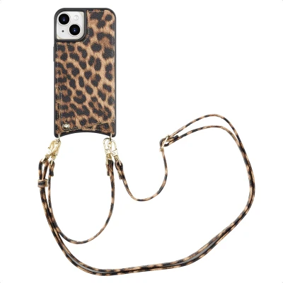 Afbeelding van Selencia Hoesje Geschikt voor iPhone 15 met Pasjeshouder Nova Backcover koord en pashouder Leopard