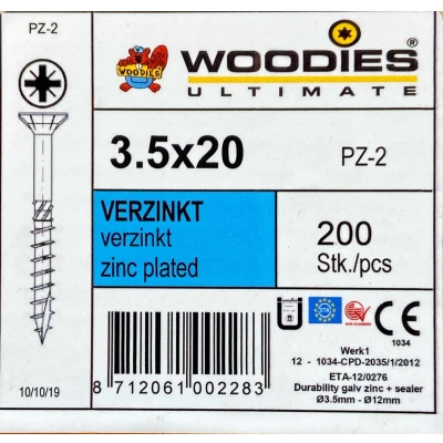 Afbeelding van Woodies houtschroef PZD 2 pvk verz. 3.5 x 20/12 mm 200 stuks