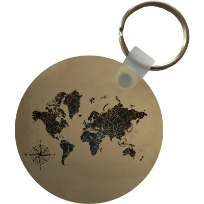 Afbeelding van Sleutelhanger Wereldkaart Goud Kompas Plastic Rond Uitdeelcadeautjes