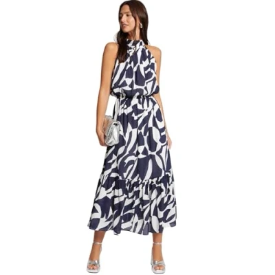 Afbeelding van Morgan halter jurk met all over print donkerblauw/wit