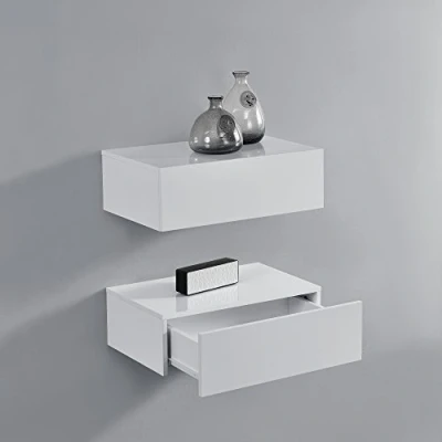 Afbeelding van Wandplank met lade set van 2 zwevend 46x30x15 cm wit glanzend