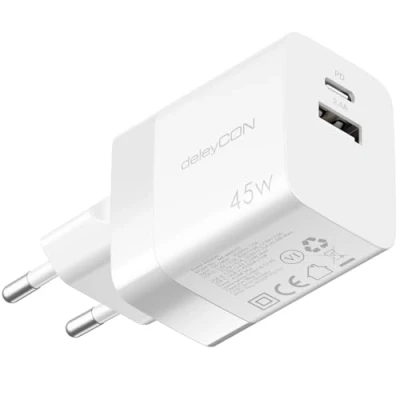 Afbeelding van deleyCON Oplader USB A en C (2 Port Compact 45 W Fast Charger) Power Adapter voor iPhone 16/15/14/13 Galaxy S24/S23 Pixel Mobiele Telefoon iPad Tablet MacBook Laptop Notebook Charger Wit
