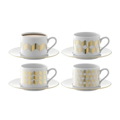 Afbeelding van L.S.A. Chevron Kop en Schotel 250 ml Set van 4 Stuks Gold / Porcelain