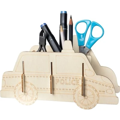 Afbeelding van Pebaro 477/4 houten bouwset laser cut pennenhouder politieauto, 3D puzzel, knutselen met hout, voorgesneden plaat, incl. schuurpapier, uitbreken, in elkaar steken, klaar,