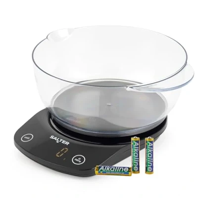 Afbeelding van Salter 1074 BKDR Electronic Digital Kitchen Scale, Max 5 kg, Cooking &amp; Baking, Add Weigh, Measures Liquids/Fluids, Hidden Until Lit Display, 1.8 litre Dishwasher Safe Bowl, Pouring Lip, Black