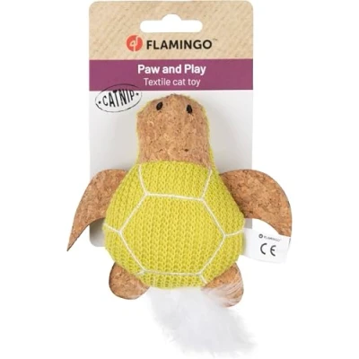 Afbeelding van Flamingo Speelgoed voor kat Lemmo schildpad groen 12x18x4cm kurklook met kattenmunt en veren