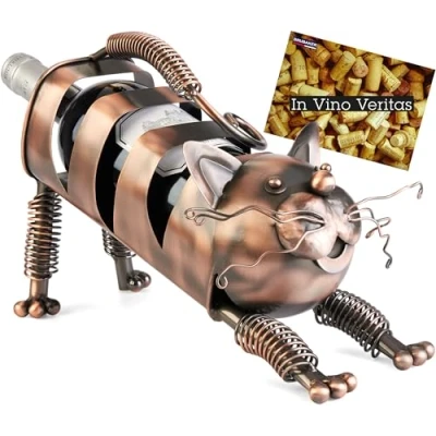 Afbeelding van BRUBAKER Wijnfleshouder Kat Koperkleurige Metalen Flessenhouder Decoratief Cadeau voor Katteneigenaren Figuur Wijngeschenk met Cadeaukaartje Kleur: Koper
