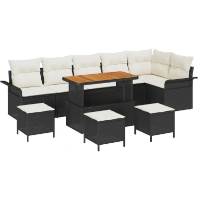 Afbeelding van vidaXL 9 delige Tuin Sofa Set met Kussens Zwart Poly Riet Acacia