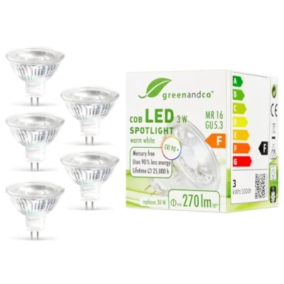 Afbeelding van 5x greenandco® CRI 90+ LED spot vervangt 30 Watt MR16 GU5.3 halogeenspot, 3W 270 lumen 2700K warm wit 38 12V AC/DC, niet dimbaar