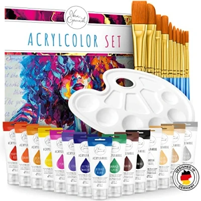 Afbeelding van Amandi Van Gaunet Acrylverfset, 16 acrylverf met 75 ml pigment en 10 penselen, waterdichte acrylverfset voor papier, steen, hout, keramiek, stof, canvas glas, sneldrogend