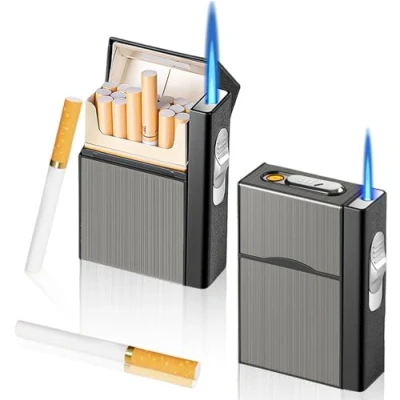 Afbeelding van Nizirioo Sigarettenetui met aansteker: 2 stuks winddichte aansteker, gasaansteker, stormaansteker, aluminium sigarettenbox, kan 20 vatten, USB opladen (verkocht zonder gas)