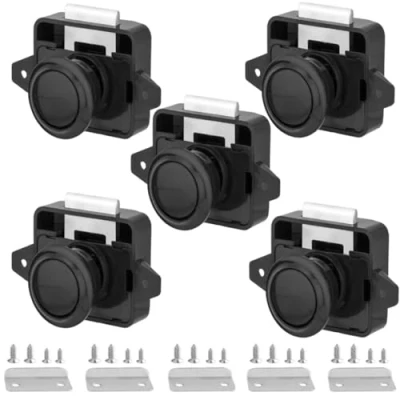Afbeelding van Sleutelloze RV kastsloten met grote push button, ABS Cabinet Catch vergrendeling voor camper aanhanger, caravan, bestelwagen, jachten, boten (zwart, 5 stuks)