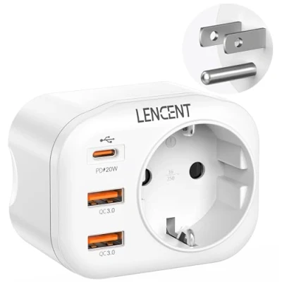 Afbeelding van LENCENT Reisadapter netadapter USA adapter Amerika Duitsland stekker, met 2 USB QC3,0 + 1 type C PD aansluitingen, B reisstekker stroomadapter voor de VS Canada Mexico stopcontact