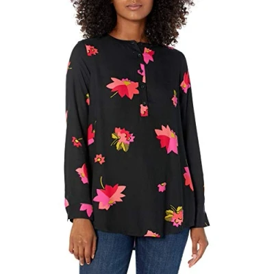 Afbeelding van Amazon Essentials Lange mouw geweven blouse, zwart en roze bloem, US S (EU M)