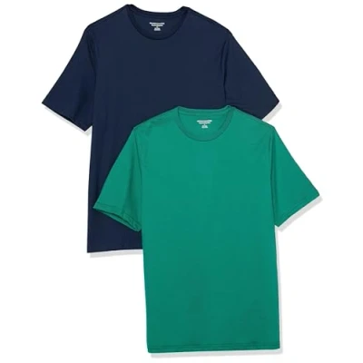 Afbeelding van Amazon Essentials Heren Regular Fit T shirt met korte mouwen en ronde hals, verpakking van 2 stuks, groen/marineblauw, medium