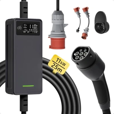 Afbeelding van dé Type 2 Oplaadkabel 11kW Wallbox [3 fasen 25m 6 16A] Instelbaar laadvermogen, EV Oplader en Mobiele Wandbox/Laadstation voor ID.3, ID.4, ID.5, Model Y/3, e up, tron, Zoe andere