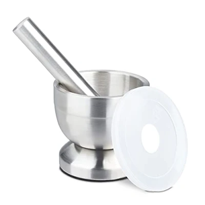 Afbeelding van Relaxdays Vijzel met stamper rvs mortier kruidenstamper slipvast deksel Ø 10 cm