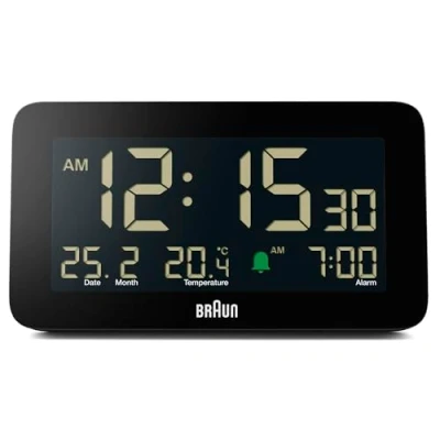 Afbeelding van Braun Digitale wekker met datum, maand en temperatuur weergegeven, negatief LCD display, snelle set, Crescendo Beep Alarm in zwart, model BC10B (1 stuks)