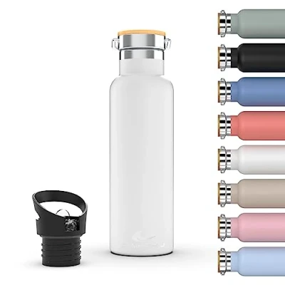 Afbeelding van DAIKOKU fles, dubbelwandige roestvrijstalen thermosfles die dranken urenlang warm of koud houdt, twee doppen, wit, 750 ML