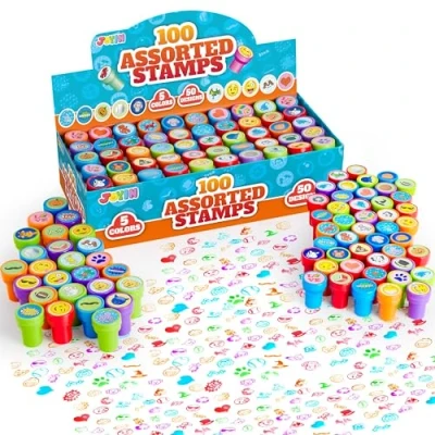 Afbeelding van JOYIN 100 stuks zelfkleurende stempels (50 verschillende motieven, kunststof stempels, dinosaurusstempels, dierentuin safari stempels) voor snoepjes