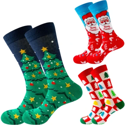 Afbeelding van Kerstsokken Set 3 paar Kerstboom met glitter, Kerstman en Kerstbomen Sokken Heren/Dames maat 40 45