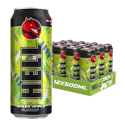 Afbeelding van HELLGREEN APPLE Energy Drink +20% More Caffeine Vitamins B2, B3, B6, B12, C &amp; D No Preservatives Environmentally Friendly Packaging 12 x 500 ml Compatible with HELL