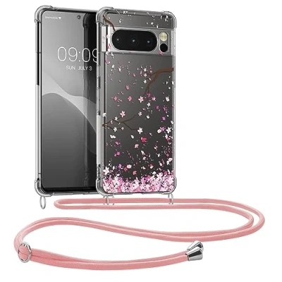 Afbeelding van kwmobile telefoonhoesje geschikt voor Google Pixel 8 Pro Hoesje met telefoonkoord Back cover smartphone Case in poederroze / donkerbruin transparant