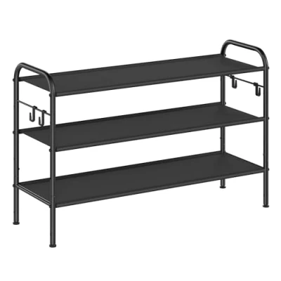 Afbeelding van SONGMICS Schoenenrek, schoenenstandaard met 3 niveaus, rek van stof, 4 zijhaken, voor 15 paar schoenen, in hoogte verstelbare plank, entree, garderobe, eenvoudige montage, inktzwart LMR139B01