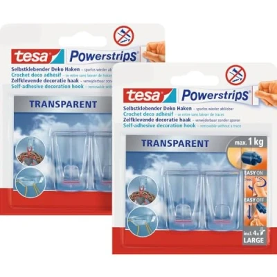 Afbeelding van tesa Powerstrips Decoratieve haken Groot Set van 2 pack Transparant Klevende voor glas, tegels, hout, kunststof en andere oppervlakken Draagkracht max. 1 kg,